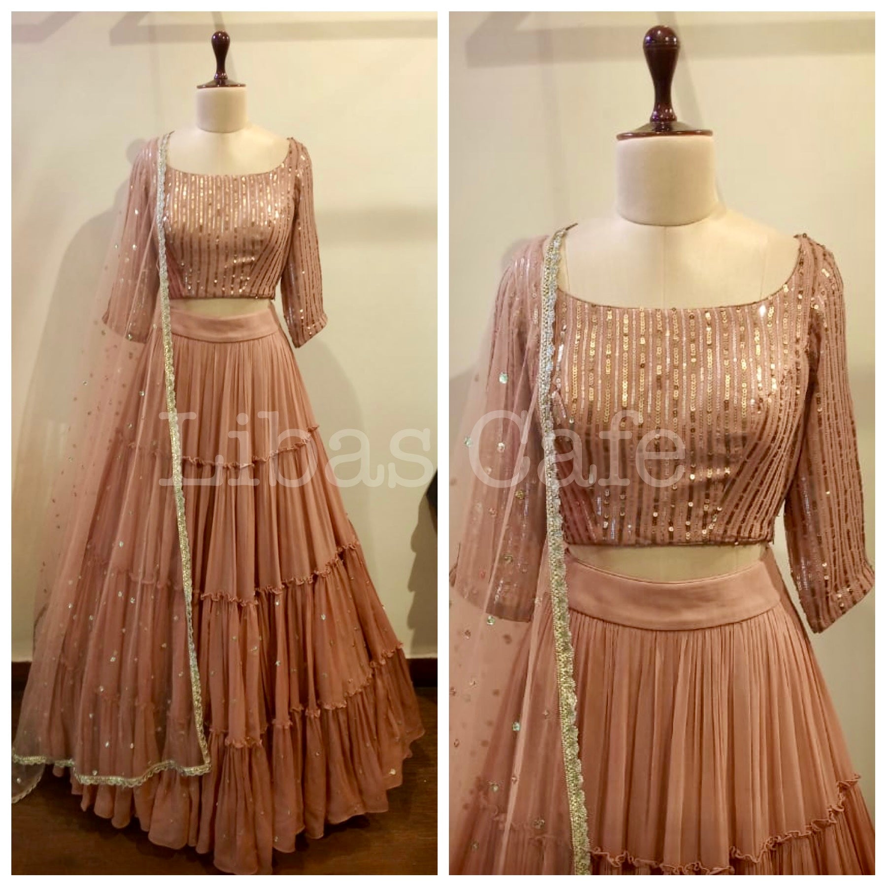 Beige Gold Gathered And Layered Lehenga